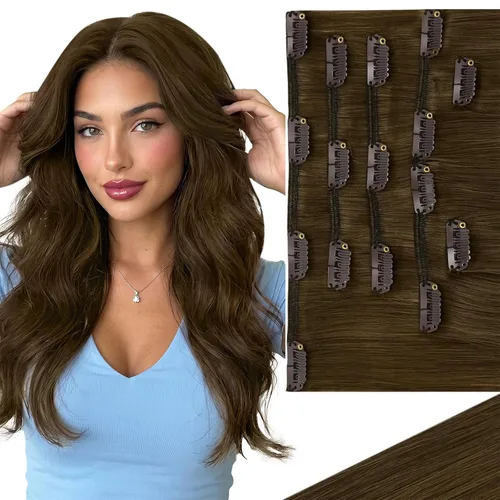Vista 30 de Ve Sunny Extensiones de cabello clip-in de cabello humano real con reflejos, extensiones de cabello con clip para cabello corto, marrón oscuro