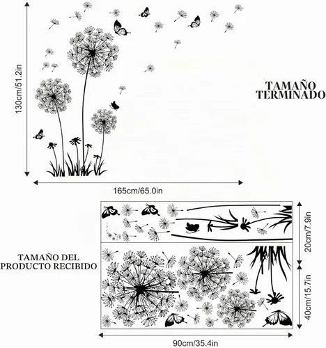 Vista 7 de 2 hojas de calcomanías de pared de flores silvestres de diente de león, calcomanías de arte para pared, despegar y pegar, mariposas florales