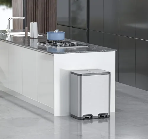 Vista 6 de ELPHECO Cubo de basura de cocina de doble compartimento, 2 cubos de basura de acero inoxidable de 6.6 galones para cocina con 2 cubos y tapas