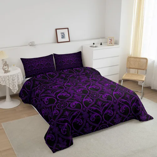 Vista 3 de Erosebridal Juego de edredón floral de color morado y negro degradado para niñas y mujeres, tamaño Queen, juego de ropa de cama gótico barroco