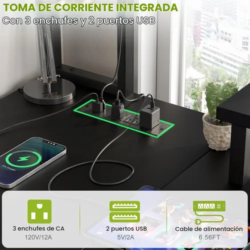 Vista 3 de Besiost Escritorio pequeño en forma de L para juegos con tomas de corriente, escritorio reversible en forma de L de 48" con LED para computadora