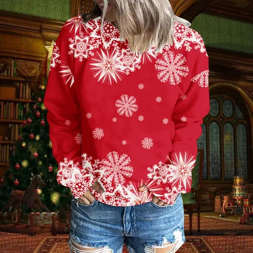 Vista 2 de SIUMOPA Women's sparkly Sweatshirt Christmas Tree Graphic Print Pullover Casula Loose Fit Shirt Tops Crew Neck Fluffy Blouse