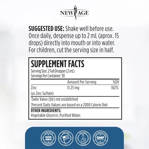 Vista 4 de NEW AGE - Gotas de zinc líquido para todas las edades – Sulfato de zinc para apoyo inmunológico, vegano, sin OMG y sin gluten, suministro para 30