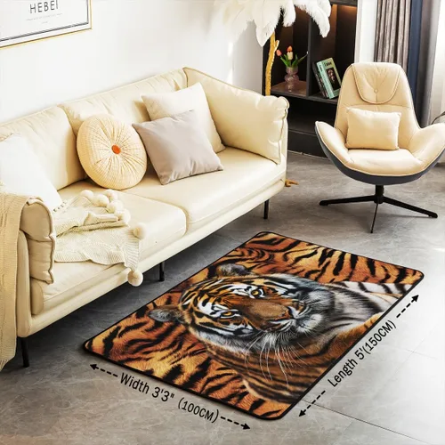 Vista 3 de Alfombra abstracta de tigre, 3 x 5 pies, color marrón y negro, alfombra con estampado de rayas de animales salvajes, para adolescentes y adultos