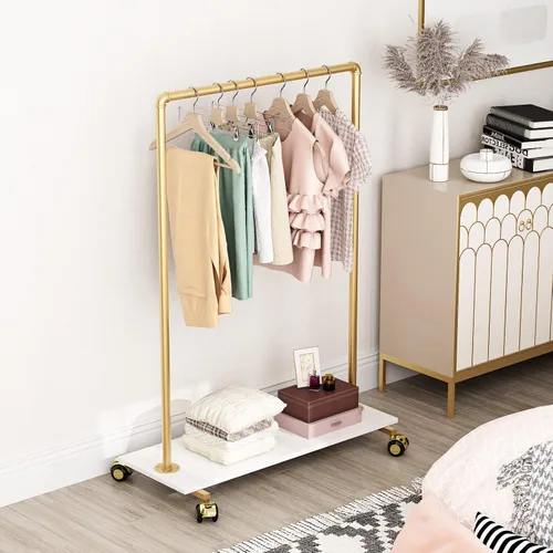 Vista 2 de Perchero de metal dorado con estante de madera, perchero resistente con ruedas para dormitorio, uso en boutiques minoristas (37.4 pulgadas de largo)