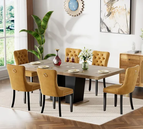 Vista 41 de Juego de mesa de comedor extensible de 63 a 79 pulgadas para 4, moderna mesa de cocina expandible con 4 sillas de terciopelo, mesa de madera gruesa