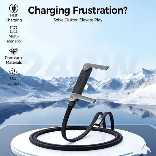 Vista 2 de Cable de carga rápida trenzado de 240 W con soporte para teléfono integrado, cable USB-C plegable duradero de 90 grados, cable USB C de ángulo