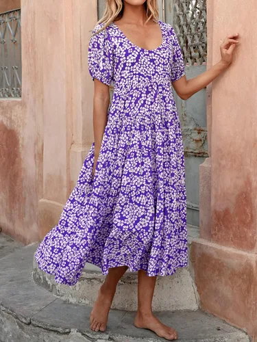 Vista 4 de PRETTYGARDEN Vestidos de verano para mujer, manga abombada, floral, casual, vestidos de verano fruncidos, sin espalda, para playa, vestido largo