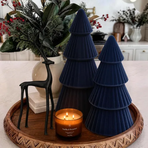 Vista 5 de Christmas Decorations - Set of 3 Velvet Ceramic Christmas Trees(Blue)