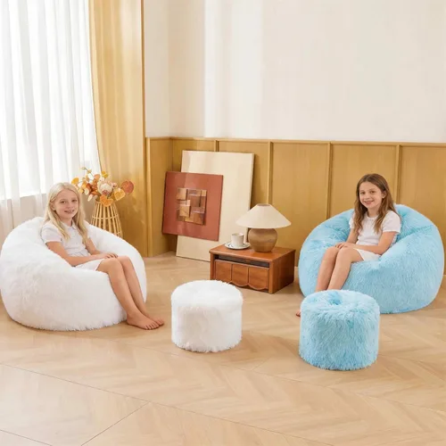 Vista 4 de Fundas para puf de pelo sintético mullido color beige, funda para silla puff de felpa suave color beige para niños y niñas, almacenamiento de puf