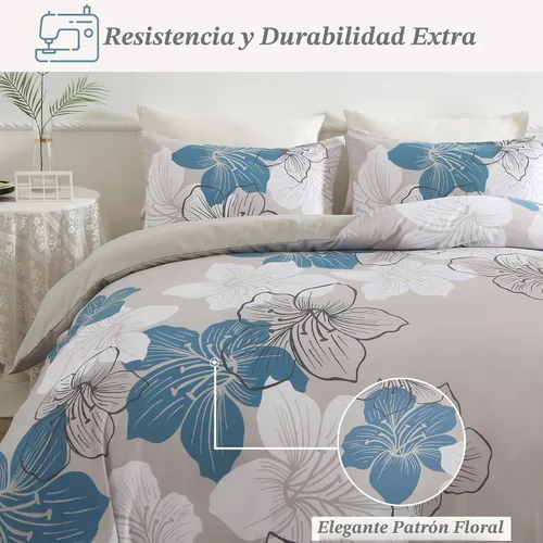Vista 4 de DJY Juego de funda de edredón de 3 piezas, tamaño Queen, funda de edredón con patrón floral azul, elegante funda de edredón con 2 fundas de Flor azul