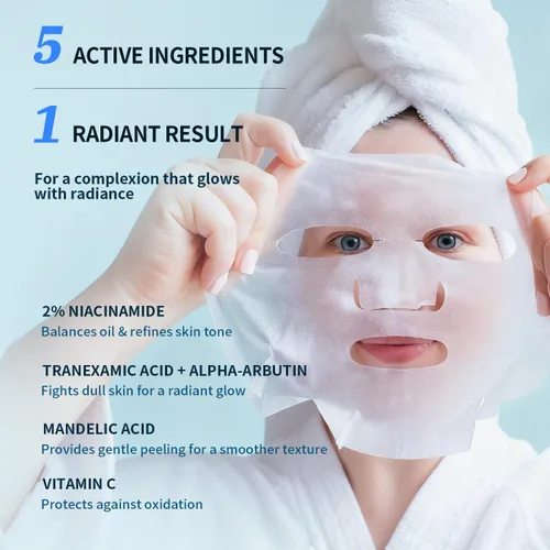 Vista 3 de Mascarilla hidratante iluminadora (10 unidades), máscara de hoja brillante e hidratante con niacinamida, agua rosa y arbutina, mascarilla facial