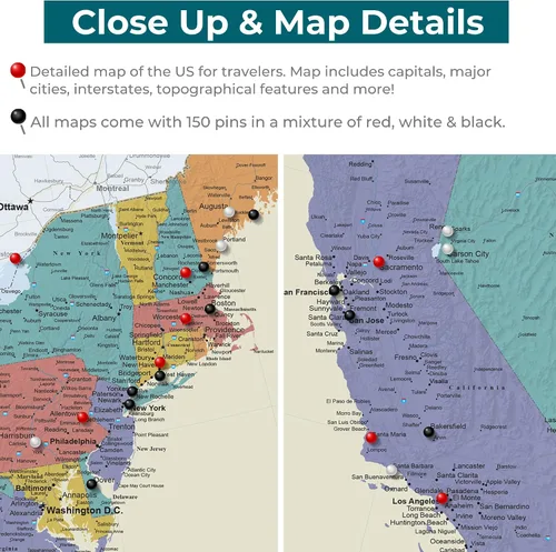 Vista 5 de Póster personalizado enrollado en lienzo con mapa de Estados Unidos, arte de pared grande de 24 x 36 pulgadas, póster de mapa de océanos de Estados