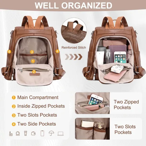 Vista 3 de VASCHY - Mochila para mujer, de piel sintética, moderna, antirrobo, mochila para mujer, con tejido clásico., Marrón), VAAU061BR