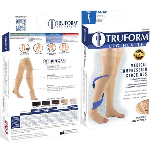 Vista 3 de Truform - Medias de compresión 20-30 mmHg para hombres y mujeres, longitud hasta el muslo, parte superior con lunares, punta abierta, color beige