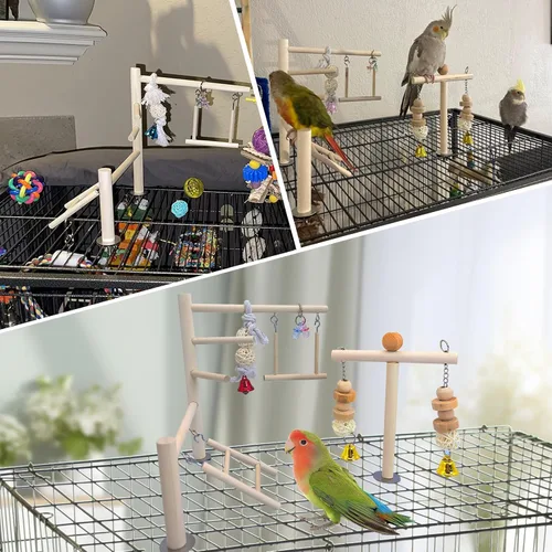 Vista 2 de PINVNBY Parque infantil para pájaros, loro, gimnasio, periquitos, jaula de juego, soporte de madera, perchas, corralito, escalar, juguete