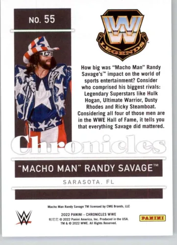 Vista 2 de 2022 Panini Chronicles #55 Macho Man Randy Savage Legend Chronicles Official WWE Wrestling Card in Raw (NM or Better) Condition