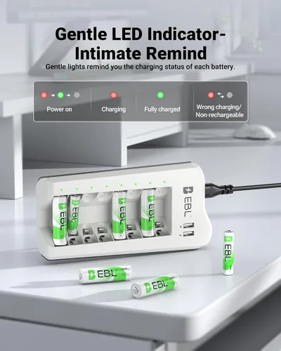 Vista 6 de EBL Baterías recargables NiMH AAA de 1100 mAh (paquete de 16) y cargador de batería AA AAA recargable con 2 puertos de carga USB