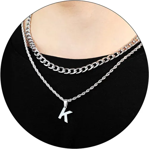 Vista 33 de SENRAN Collar con inicial en capas de la A a la Z para hombre, cadena de cuerda torcida de acero inoxidable de 18 a 20 pulgadas, dije de letra