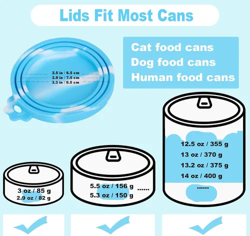 Vista 4 de Juego de 5 tapas y cucharas para latas de comida para mascotas, fundas de silicona para latas de comida para perros y gatos 2 lids fit most cans