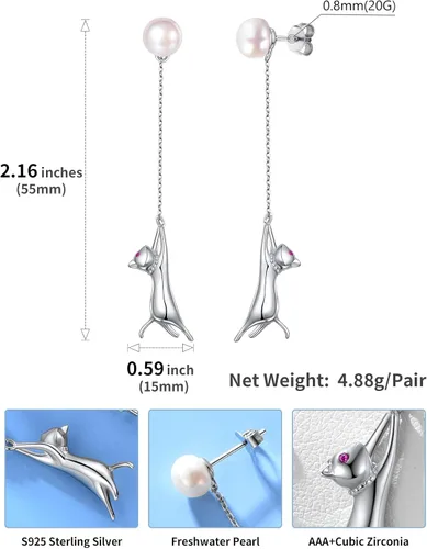 Vista 5 de SILVERCUTE 925 Sterling Silver Earrings for Women,Silver Cat/Dinosaur/Devil Horn/Leaf/Snake/Skeleton Various Stud Earrings or Ear Cuffs 01.cat