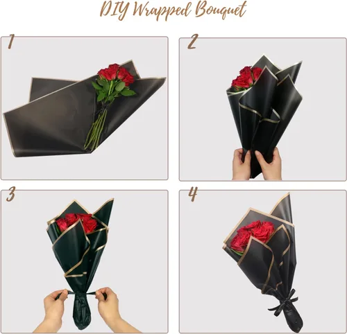 Vista 7 de Gloreyan 20 hojas de papel de regalo de flores negras, ramo de floristería, papel de regalo de flores frescas para manualidades, con borde negro