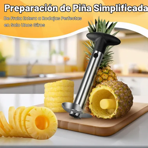 Vista 5 de Flexzion - Herramienta de cocina de acero inoxidable para pelar y sacar el corazón de ananá, para cortar y rebanar fácilmente fruta, con mango