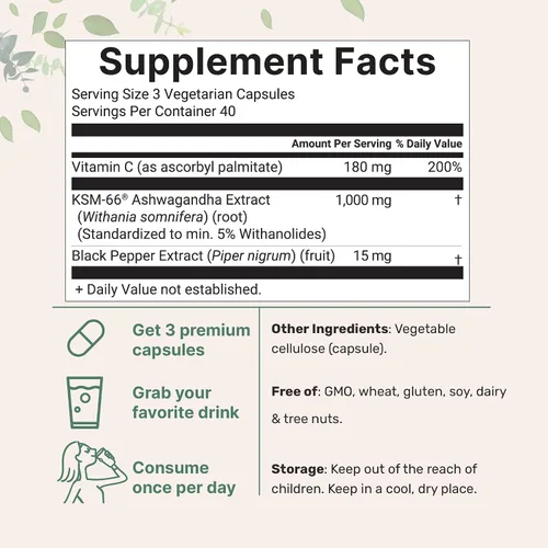 Vista 2 de KSM-66 Ashwagandha 1,000 mg por porción 120 cápsulas vegetales con pimienta negra para una mejor absorción y vitamina C liposoluble Extracto