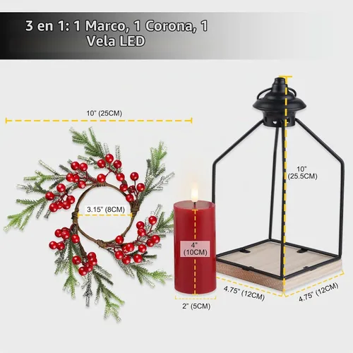 Vista 3 de Rhytsing Centros de mesa de Navidad, farol decorativo de 10 pulgadas de alto con cera real, vela LED roja sin llama y anillo de vela de cedro