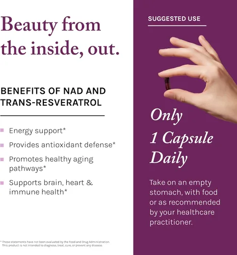 Vista 4 de Reserveage NAD Resveratrol Plus+ - Soporte antioxidante para la salud cerebral, la salud cardíaca, la energía celular y más - 30 cápsulas vegetales