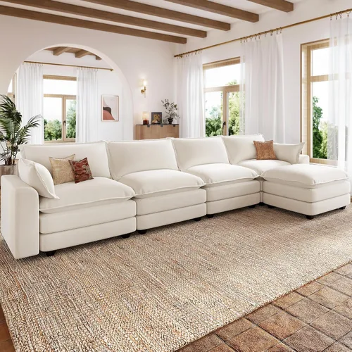 Vista 13 de Sofá de nube en forma de L de 118 pulgadas, sofá modular de gran tamaño con otomana móvil, cómodo sofá de felpilla de 4 plazas con asiento profundo