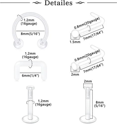 Vista 2 de MODRSA - Anillos de nariz transparentes y pernos - Retenedores de perforación de nariz de plástico - 16 g, 18 g, 20 g - Aretes de cartílago