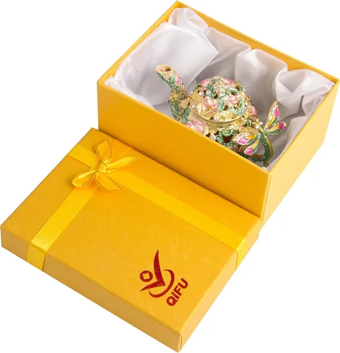 Vista 6 de QIFU Caja de baratijas esmaltada pintada a mano estilo tetera con bisagras, regalo único para decoración del hogar.. Oro Verde