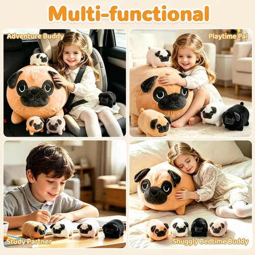 Vista 6 de MMguai Peluche Suave de Bulldog Lindo Bulldog Francés Animales de Peluche con 4 Peluches de Cachorro Bebé en su Barriga, Almohada Blanda Grande