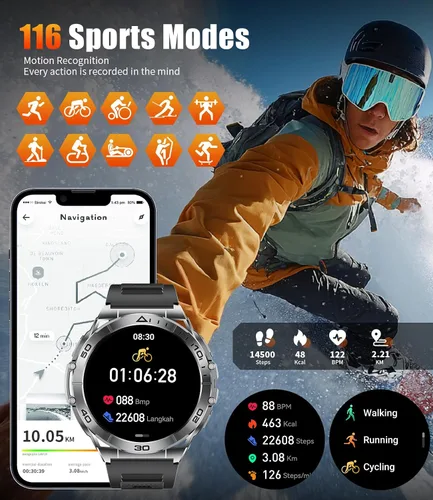 Vista 3 de EF16 - Reloj inteligente para hombre con llamada Bluetooth, 1.6 pulgadas, AMOLED Fitness Tracker Watches, batería de 600 mAh, 2 correas/más de 100