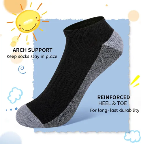 Vista 3 de Comfoex Calcetines para niños, 8 pares de 6-8, 4-6, 8-10 años, calcetines atléticos de corte bajo, calcetines cortos medio acolchados para niños