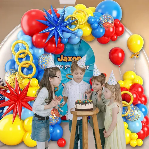 Vista 4 de Kit de arco de globos de dibujos animados, 184 globos largos de confeti de color rojo, amarillo, azul, dorado con globo de aluminio de estrella