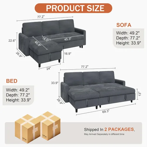 Vista 2 de Vongrasig Sofá cama con almacenamiento para espacios pequeños, sofá convertible pequeño extraíble con diván de almacenamiento, sofá cama modular