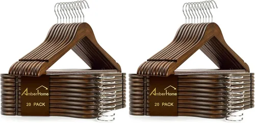 Vista 13 de Amber Home Perchas de madera maciza para trajes, paquete de 30 perchas de madera con acabado negro liso con barra antideslizante para pantalones