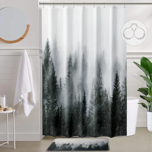 Vista 27 de ORTIGIA 36x72 Cortina de ducha de bosque nebuloso para baño pequeño, cortina de ducha estrecha de naturaleza y bosque en blanco y negro con ganchos