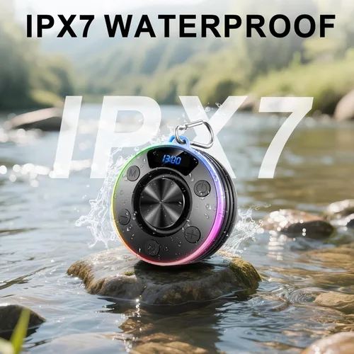 Vista 8 de Altavoz Bluetooth, altavoz de ducha portátil con gancho, altavoces Bluetooth impermeables IPX7 con ventosa, pantalla digital/de tiempo, sonido