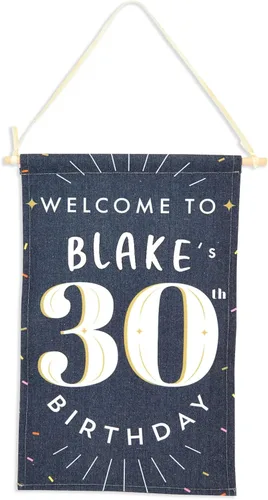Vista 7 de Sparkle and Bash Letrero de bienvenida de 30 cumpleaños para él, tela de lona, 9.5 x 15.5 pulgadas, negro y blanco, cartel personalizable