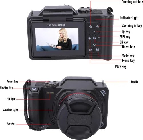 Vista 4 de EBTOOLS Cámara digital 4K, 64Mp, pantalla abatible de 3 pulgadas, rotación de 180, zoom digital 18X, enfoque automático, grabación de video, gran