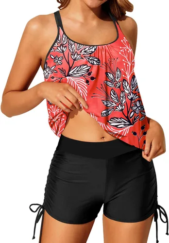 Vista 3 de Yonique Traje de baño tankini de dos piezas con tirantes delgados para mujer con pantalones cortos cruzados