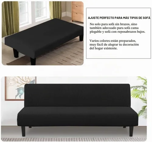 Vista 4 de H.VERSAILTEX Funda elástica para futón sin brazos, funda protectora elástica para sofá cama, textura rica en elastano, pequeños cuadros de tela Negro