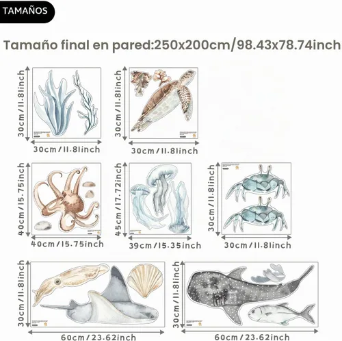 Vista 9 de Calcomanías de pared de océano para guardería, calcomanías grandes Marine Animal-a