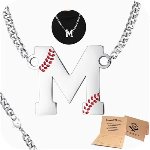 Vista 16 de QINJIEJIE Collar de béisbol inicial A-Z con letras, accesorios deportivos, colgante de encanto de béisbol, joyería de cadena de acero inoxidable 2-P