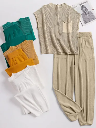 Vista 6 de ANRABESS Conjunto de dos piezas para mujer, suéter de punto y pantalones de cintura alta