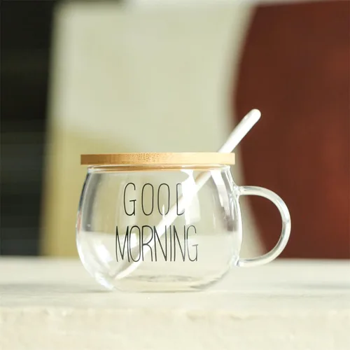 Vista 2 de TREEWOO Good MORNING - Taza transparente para café, postre, leche, té, yogur, juego de 2, vasos redondos de vidrio con asa con tapa de bambú