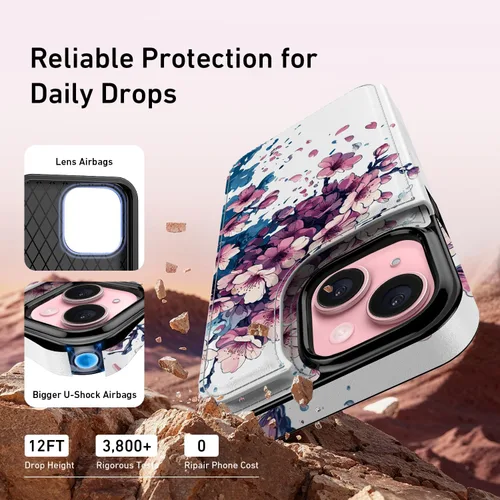 Vista 5 de FUNMIKO Funda tipo cartera para iPhone 15 con tarjetero + clip para efectivo, bloqueo RFID, protección contra caídas de grado militar y obras